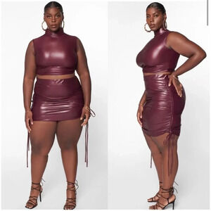 ZELIE FOR SHE | NWT Drawstring City Sleek Faux Leather Skirt Merlot Maroon | 1X